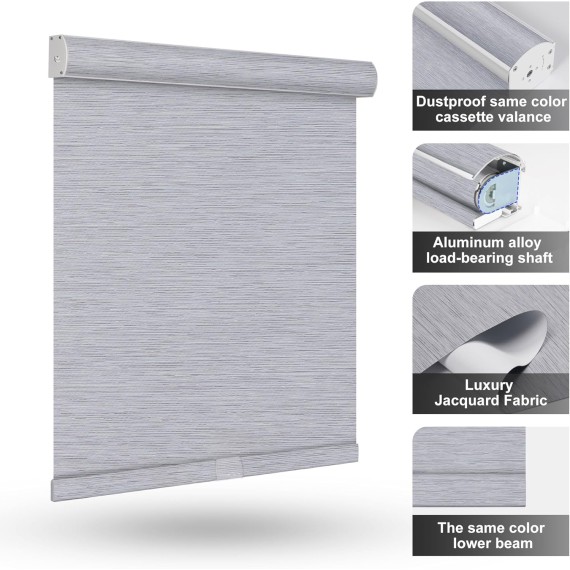 Blackout Roller Shades for windows Cordless Striped Jacquard Roller Shades with Cassette Valance Thermal Insulated UV Protection Window Shades for Home Office Bedroom,Blue Grey
