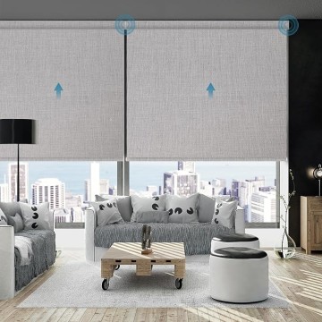 Motorized Roller Shade, 100% Blackout Smart Window Blinds Work with Homekit, Alexa, Google Home, Remote Control, Electric Blinds with USB/Solar Pannel Charging,Bouvardia Light Grey