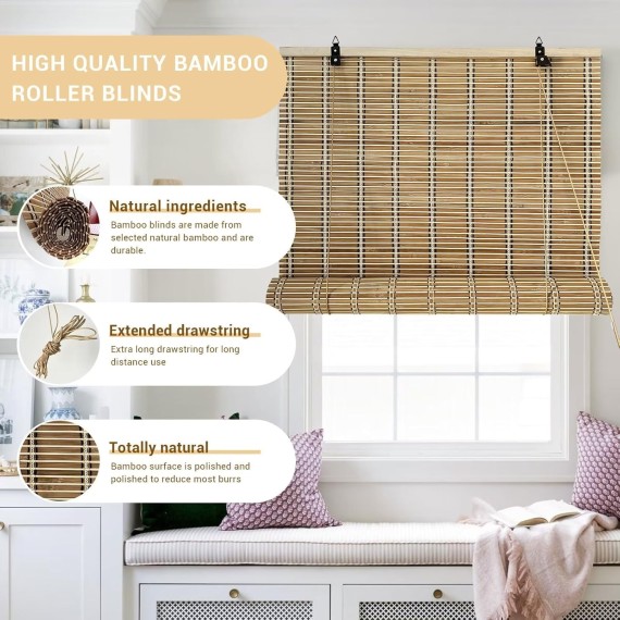 Bamboo Blinds, Blackout Roll Up Shades for Windows Privacy Protection, Roller Shades for Indoor Outdoor Home Patio Porch, Easy Installation, Natural, 72 * 72in