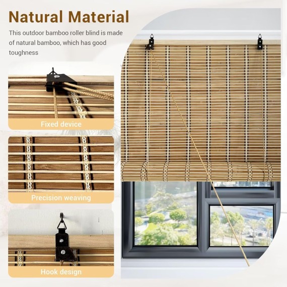 Bamboo Blinds, Blackout Roll Up Shades for Windows Privacy Protection, Roller Shades for Indoor Outdoor Home Patio Porch, Easy Installation, Natural, 72 * 72in
