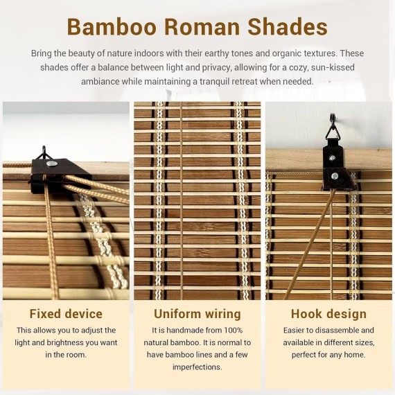 Bamboo Blinds, Blackout Roll Up Shades for Windows Privacy Protection, Roller Shades for Indoor Outdoor Home Patio Porch, Easy Installation, Natural, 72 * 72in