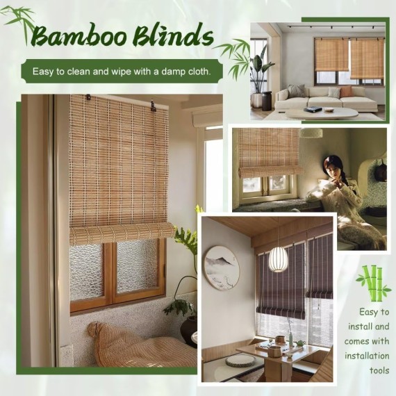 Bamboo Blinds, Blackout Roll Up Shades for Windows Privacy Protection, Roller Shades for Indoor Outdoor Home Patio Porch, Easy Installation, Natural, 72 * 72in