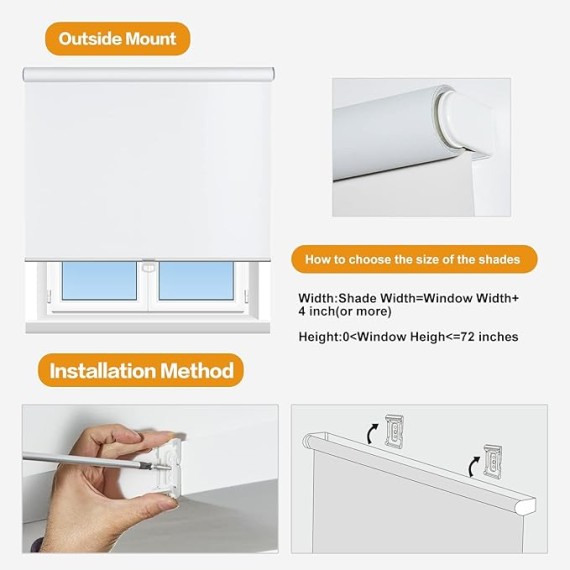 100% Blackout Roller Shades Cordless Shades & Blinds for Windows Roller Shades Thermal Insulated Shades for Doors, Home and Living Room Inside & Outside Mount (71" W x 36" H, White)