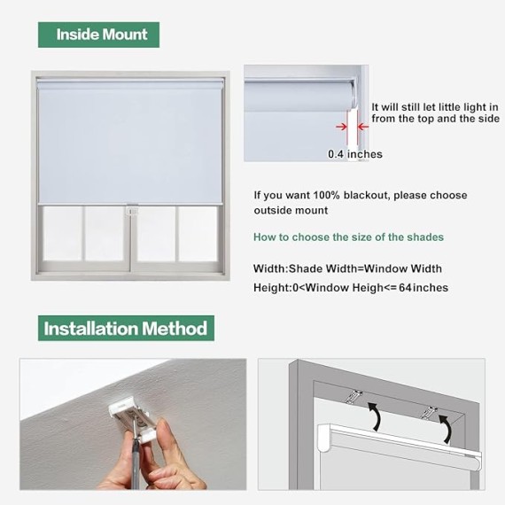 ECO-Friendly 100% Blackout Roller Shades Cordless Shades & Blinds for Windows Shades Thermal Insulated Shades for Doors, Home and Living Room Inside & Outside Mount (47" W x 64" H, White)