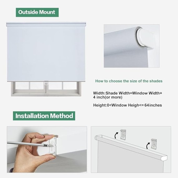 ECO-Friendly 100% Blackout Roller Shades Cordless Shades & Blinds for Windows Shades Thermal Insulated Shades for Doors, Home and Living Room Inside & Outside Mount (47" W x 64" H, White)