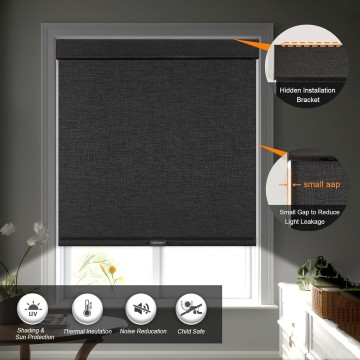 Free-Stop Cordless Blinds for Indoor Windows with Cover, Window Shades Blackout Roller Blinds, Thermal Insulated Fabric UV Protection for Kitchen, Office, Living Room, Black