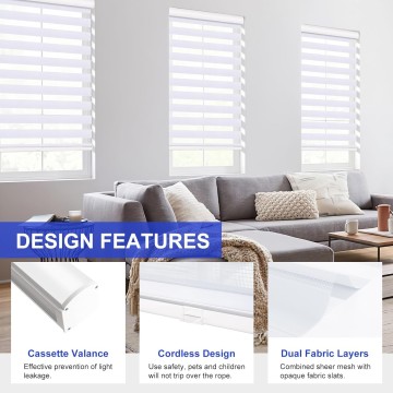 Cordless Zebra Blinds for Windows Free-Stop Roller Window Shades(White) Dual Layer Light Filtering Privacy for Day and Night, Pull Down Shades for Home