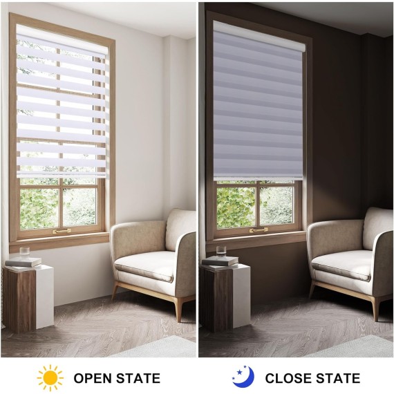 Cordless Zebra Blinds for Windows Free-Stop Roller Window Shades(White) Dual Layer Light Filtering Privacy for Day and Night, Pull Down Shades for Home