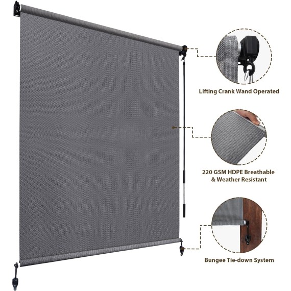 Outdoor Roller Shades 4'(W) x 8'(H), Exterior Cordless Patio Shades Roll up Outdoor Blinds for Porch Gazebo, Gray