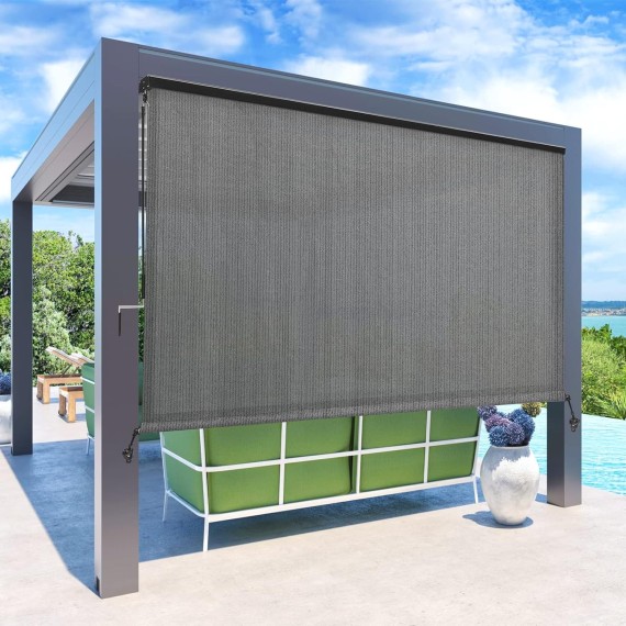 Premium Outdoor Roller Shades, Exterior Cordless Patio Shades Roll up Outdoor Blinds for Porch Gazebo, Crank Operated with Aluminum Protective Valance, Gray