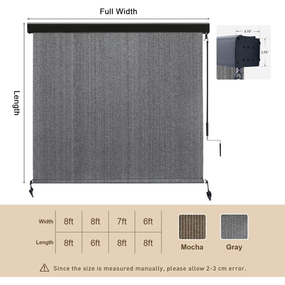 Premium Outdoor Roller Shades, Exterior Cordless Patio Shades Roll up Outdoor Blinds for Porch Gazebo, Crank Operated with Aluminum Protective Valance, Gray