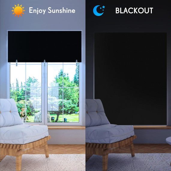 2 Pack Blackout Curtains for Bedroom, Self Adhesive Indoor Blackout Blinds, No Drilling or Tools, UV Protection, Portable Roller Window Shades Cover for Living Room Office (36“W*72" H, Black)
