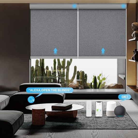 Motorized Smart Blackout Roller Shade:Remote Control Rechargeable Customize Electric Fire Retardant Blind with Valance Compatible with Google Home Alexa for Home,Office,with Solar Panel