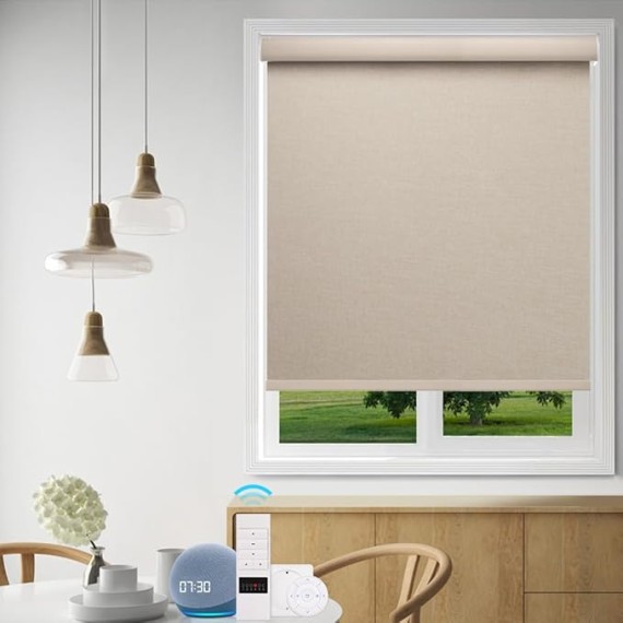 Motorized Blinds (23-95 inches) Remote Control Window Roller Shade Wireless Rechargeable 100% Blackout Cloth Grain Series Fabric Window Shades for Office and Home(82133B)
