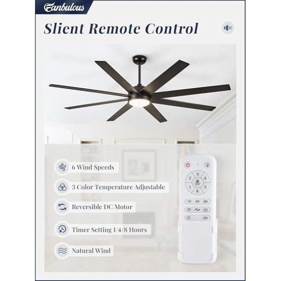 65 Inch Ceiling Fans with Lights and Remote, Black Indoor/Outdoor Ceiling Fan with Quiet Reversible DC Motor, 6 Speeds, 3CCT, 8 Blades Large Ceiling Fan for Living Room Bedroom Patio