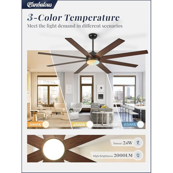 65 Inch Ceiling Fans with Lights and Remote, Black Indoor/Outdoor Ceiling Fan with Quiet Reversible DC Motor, 6 Speeds, 3CCT, 8 Blades Large Ceiling Fan for Living Room Bedroom Patio