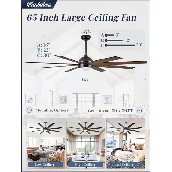 65 Inch Ceiling Fans with Lights and Remote, Black Indoor/Outdoor Ceiling Fan with Quiet Reversible DC Motor, 6 Speeds, 3CCT, 8 Blades Large Ceiling Fan for Living Room Bedroom Patio