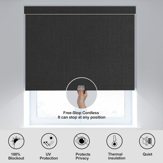 Blackout Roller Shades for Windows Cordless Roller Blinds Linen Fabric Room Darkening Shades with Cassette Valance Thermal Insulated Window Shades for Home Door.Black