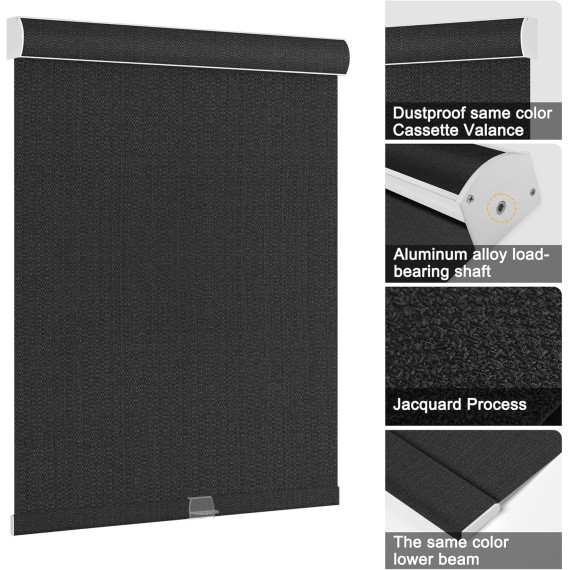 Blackout Roller Shades for Windows Cordless Roller Blinds Linen Fabric Room Darkening Shades with Cassette Valance Thermal Insulated Window Shades for Home Door.Black