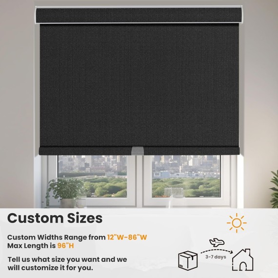 Blackout Roller Shades for Windows Cordless Roller Blinds Linen Fabric Room Darkening Shades with Cassette Valance Thermal Insulated Window Shades for Home Door.Black