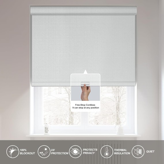 Blackout Roller Shades for Windows,Cordless,Linen Fabric,Roller Blinds,Thermal Insulated Fabric UV Protection,Window Shades for Home,Office,Bedroom,Door,Blackout-White