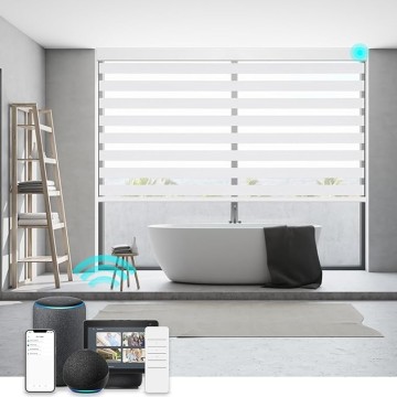 Motorized Zebra Smart Blinds Remote Control, Blackout Custom Zebra Roller Shades for Indoor Windows Doors, Electric Automatic Work with Alexa, Google Home, Apple Homekit, SmartThings,White