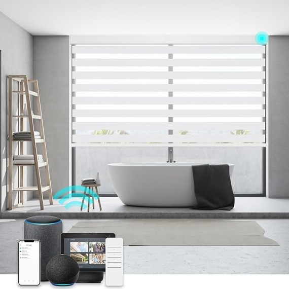Motorized Zebra Smart Blinds Remote Control, Blackout Custom Zebra Roller Shades for Indoor Windows Doors, Electric Automatic Work with Alexa, Google Home, Apple Homekit, SmartThings,White