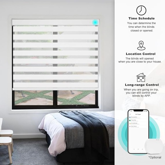 Motorized Zebra Smart Blinds Remote Control, Blackout Custom Zebra Roller Shades for Indoor Windows Doors, Electric Automatic Work with Alexa, Google Home, Apple Homekit, SmartThings,White