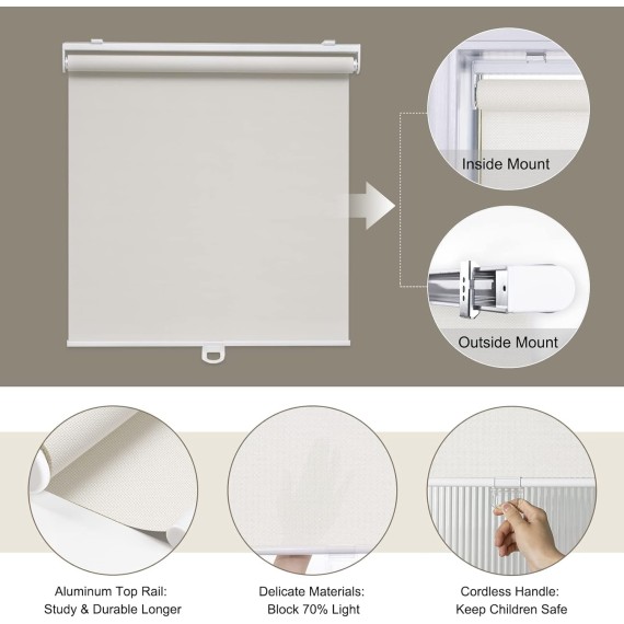 Cordless Roller Shades for Windows Light Filtering Shades with 5% Openness Solar Screen Semi Sheer Roller Blinds UV Protection for Office and Home. Easy to Install (White)