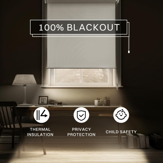 100% Blackout Roller Shade | No-Drill & Tool-Free Installation | UV Protection | Easy-Care Fabric | Roller Blind for Windows & Doors | Pull Down Window Shade - White
