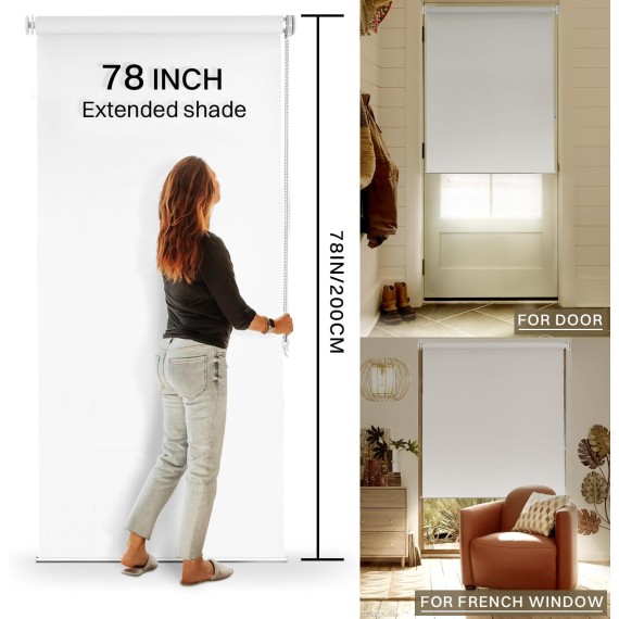 100% Blackout Roller Shade | No-Drill & Tool-Free Installation | UV Protection | Easy-Care Fabric | Roller Blind for Windows & Doors | Pull Down Window Shade - White