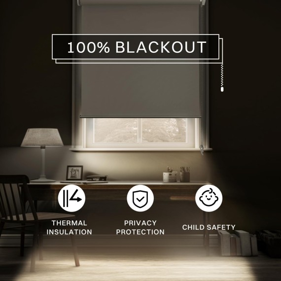 100% Blackout Roller Shade | No-Drill & Tool-Free Installation | UV Protection | Easy-Care Fabric | Roller Blind for Windows & Doors | Pull Down Window Shade - Grey