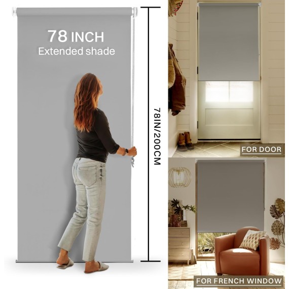 100% Blackout Roller Shade | No-Drill & Tool-Free Installation | UV Protection | Easy-Care Fabric | Roller Blind for Windows & Doors | Pull Down Window Shade - Grey