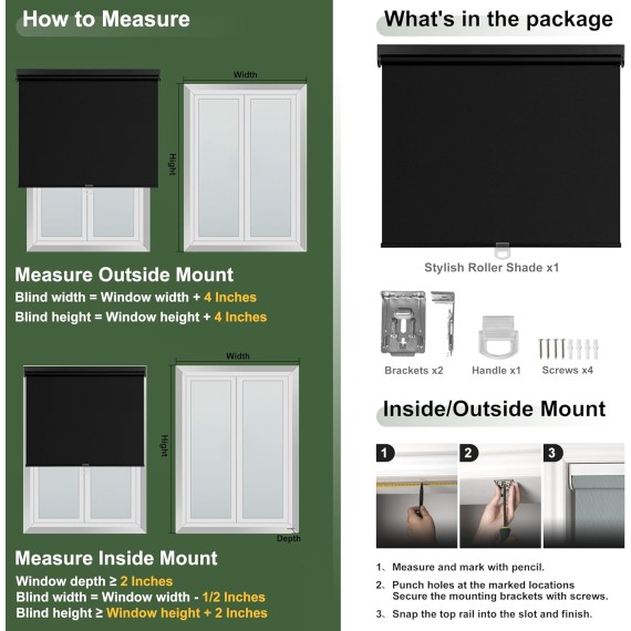 Blackout Roller Shades Cordless Color-Matched Roller Window Blinds Free-Stop Simple Style Thermal Insulated Roll Up Shades for Home Office Door, Black
