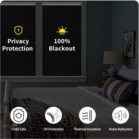 100% Blackout Roller Window Shades, Window Blinds Cordless with Thermal Insulated, UV Protection Fabric, Mini French Door Blinds for Home, Office, Bedroom, Easy to Install, Grey