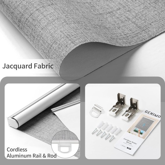 100% Blackout Roller Window Shades, Window Blinds Cordless with Thermal Insulated, UV Protection Fabric, Mini French Door Blinds for Home, Office, Bedroom, Easy to Install, Grey