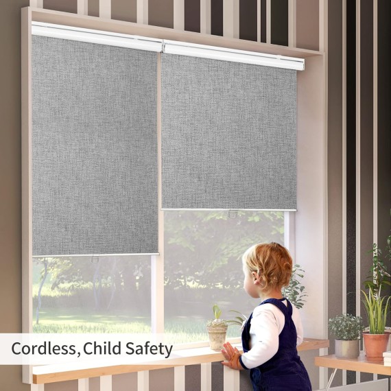 100% Blackout Roller Window Shades, Window Blinds Cordless with Thermal Insulated, UV Protection Fabric, Mini French Door Blinds for Home, Office, Bedroom, Easy to Install, Grey