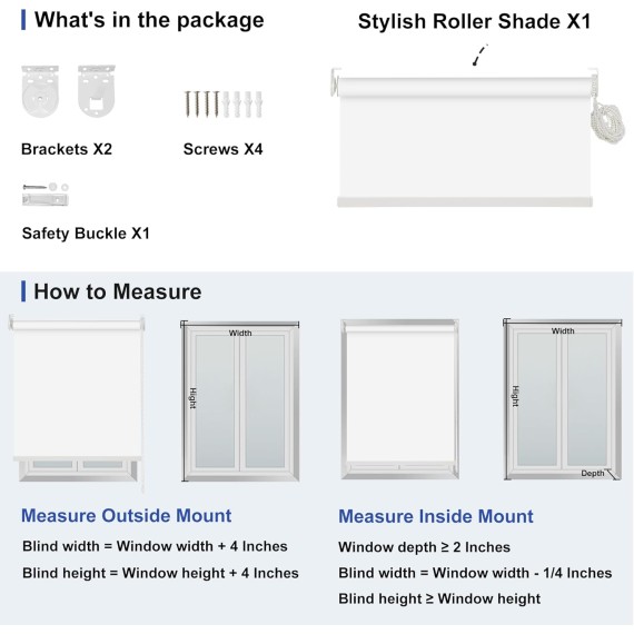 Blackout Roller Shades, Easy to Install Window Roller Shades Pull Down,UV Protection Room Darkening Shades, custom shades, Office, Home. White