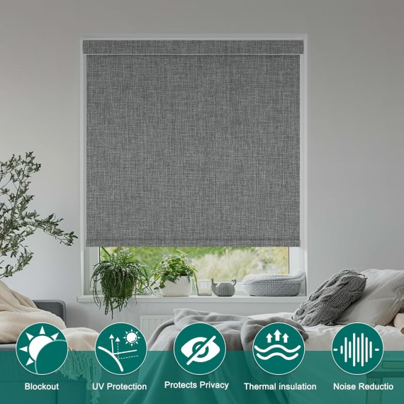 Blackout Roller Shades for Windows, Blackout Linen Fabric Cordless Roller Blinds, Thermal Insulated UV Protection,Window Shades for Home,Office Bedroom,Gray