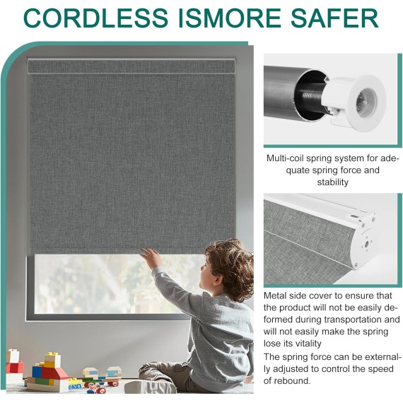 Blackout Roller Shades for Windows, Blackout Linen Fabric Cordless Roller Blinds, Thermal Insulated UV Protection,Window Shades for Home,Office Bedroom,Gray