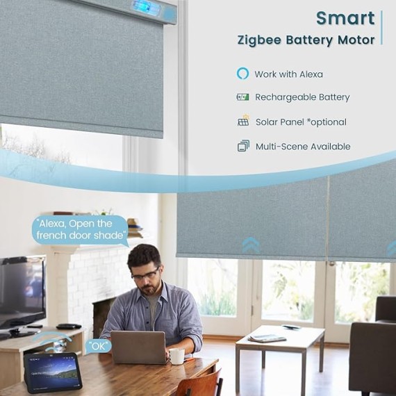 Smart Roller Blinds, Motorized Blackout Shade Compatible with Alexa with Remote, Automatic Blind for Smart Home, Free Stop Cordless Shade Customized Size (Fabric Light Blue)