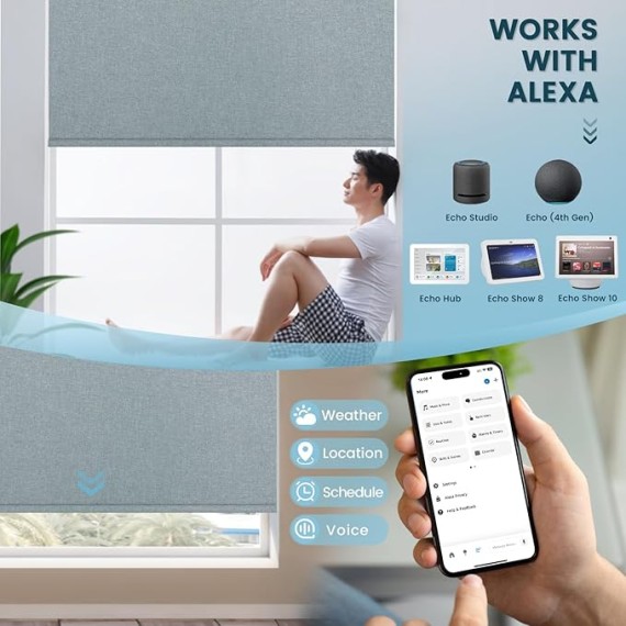 Smart Roller Blinds, Motorized Blackout Shade Compatible with Alexa with Remote, Automatic Blind for Smart Home, Free Stop Cordless Shade Customized Size (Fabric Light Blue)