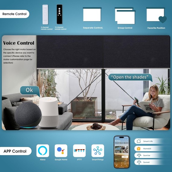 Motorized Roller Shade, 100% Blackout Smart Window Blinds Work with Apple Homekit, Alexa, Google Home, Remote Control, Electric Blinds with USB/Solar Pannel,Eclipse Black