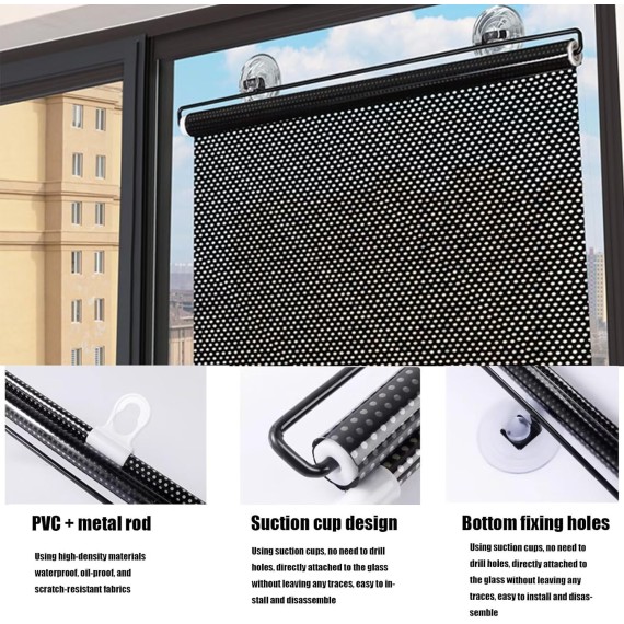 Thermal Blackout Roller Shades, with Suction Cups Temporary Privacy Blinds,Retractable Portable Curtains, for Home Bathroom Office Glass (18" W X 49" H, Black)