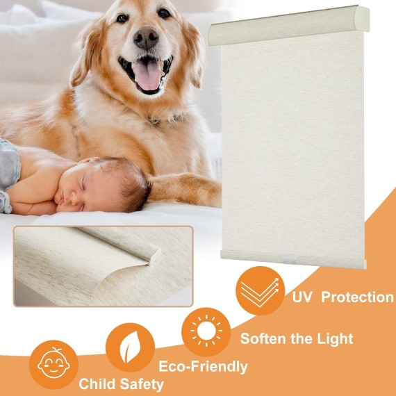 Window Blinds Cordless Light Filtering Roller Shades for Window Shades with Natural Woven Linen Fabric, Free-Stop UV Protection Privacy Roller Blinds for Windows, Linen Beige
