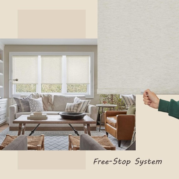 Window Blinds Cordless Light Filtering Roller Shades for Window Shades with Natural Woven Linen Fabric, Free-Stop UV Protection Privacy Roller Blinds for Windows, Linen Beige