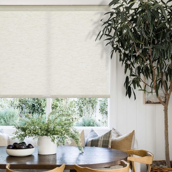 Window Blinds Cordless Light Filtering Roller Shades for Window Shades with Natural Woven Linen Fabric, Free-Stop UV Protection Privacy Roller Blinds for Windows, Linen Beige