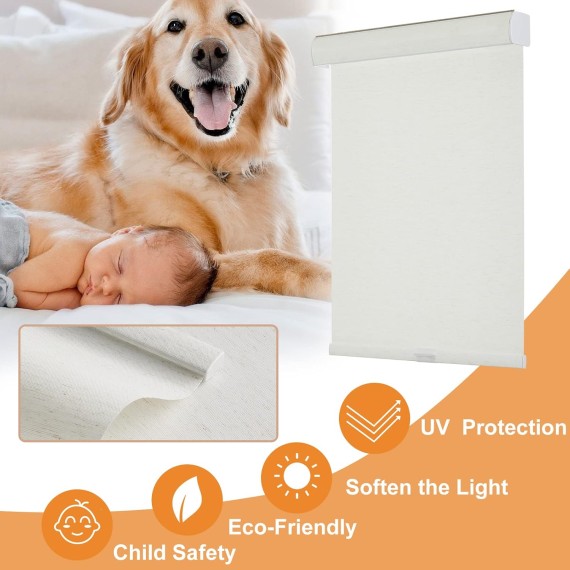 Window Shades Cordless Light Filtering Roller Blinds for Window Blinds with Natural Woven Linen Fabric, Free-Stop UV Protection Privacy Roller Shades for Windows, Linen Cream