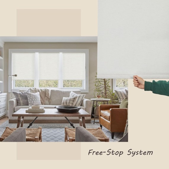 Window Shades Cordless Light Filtering Roller Blinds for Window Blinds with Natural Woven Linen Fabric, Free-Stop UV Protection Privacy Roller Shades for Windows, Linen Cream