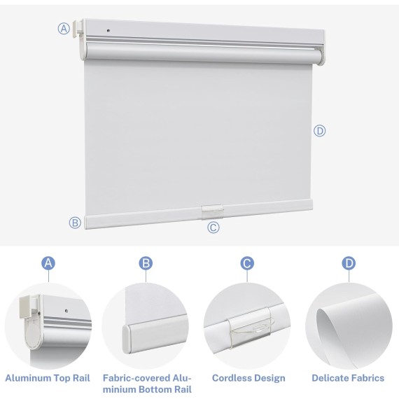 Cordless Roller Shades for Windows No Drill Blackout Roller Blinds with Thermal Insulated Waterproof Pull Down Blackout Blinds for Home Office (Blackout - White)